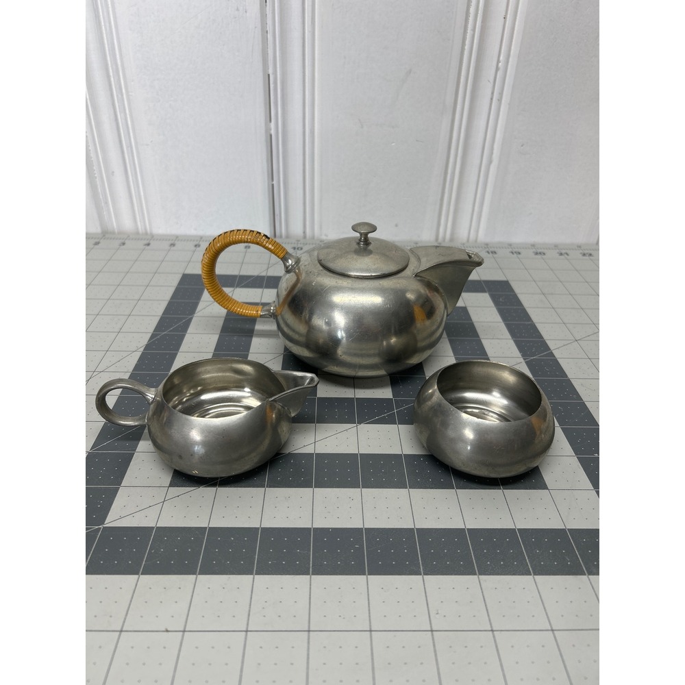 Vtg Royal Holland Pewter Tea Set Silver MCM Wicker Handle Teapot Creamer Sugar‎